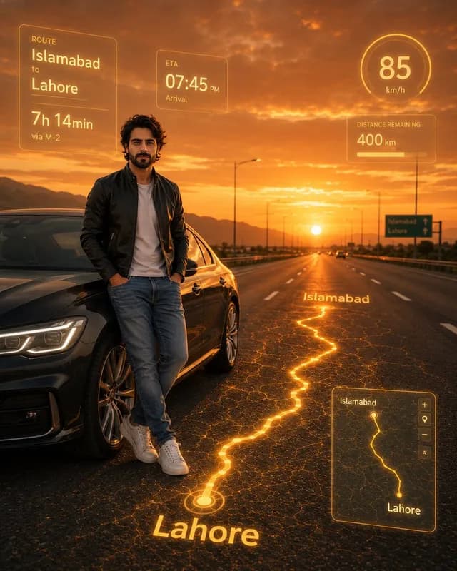 Photorealistic Man with HUD Navigation on Highway preview image 1
