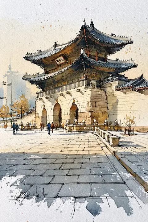 韩国韩屋水彩素描 preview image 1