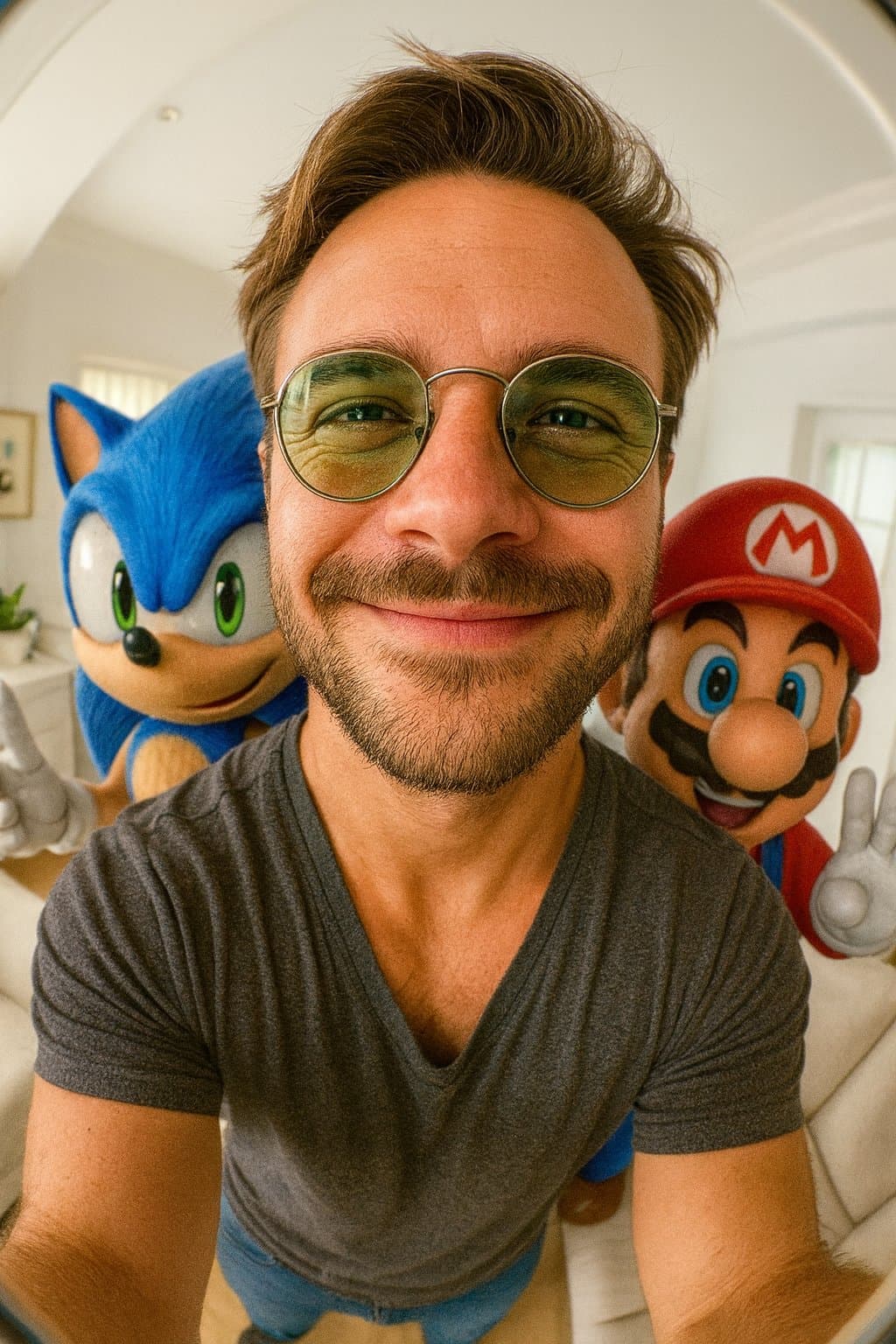 Taking a photo with Sonic and Mario