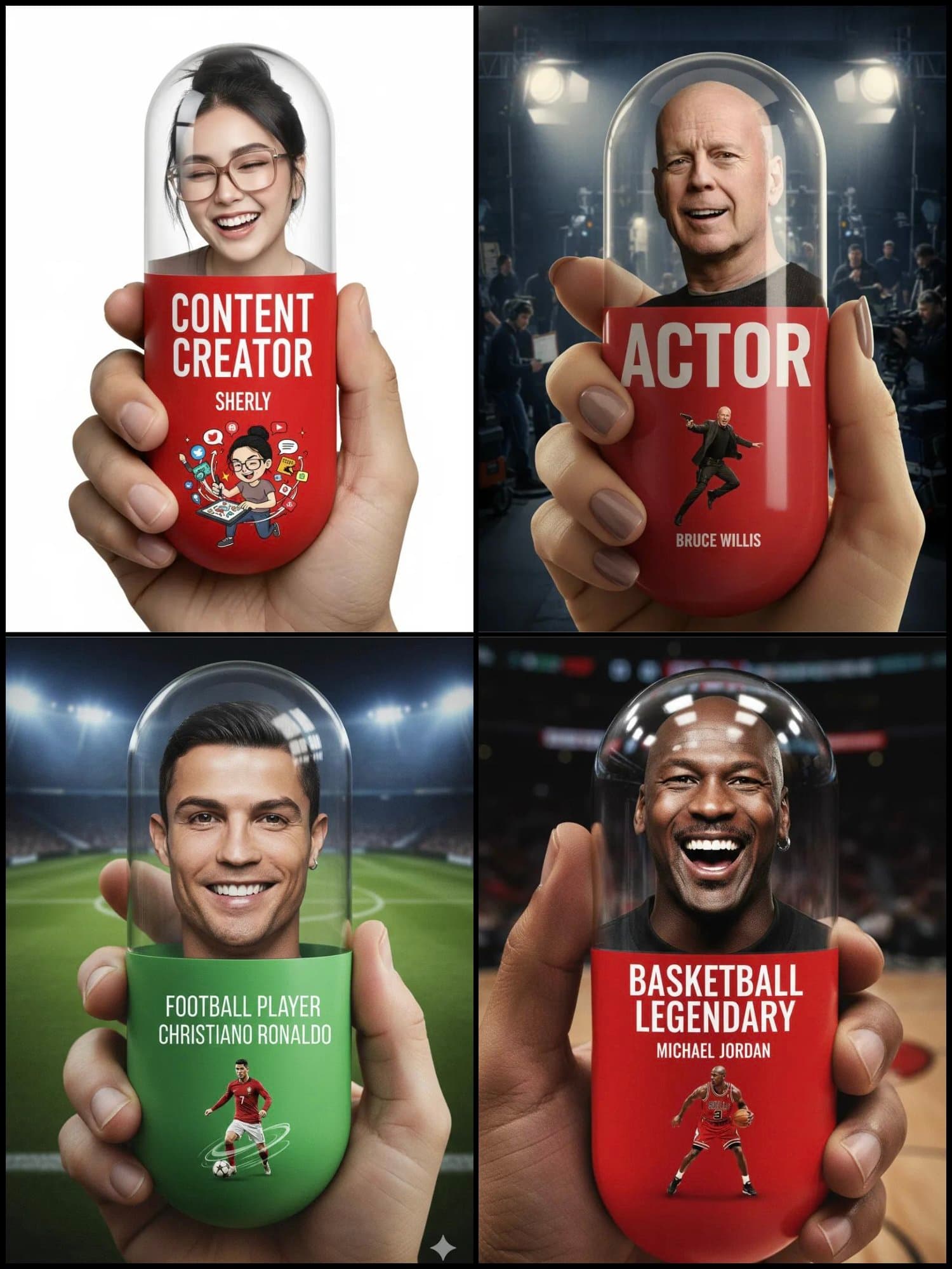 A close-up shot of a hand holding a massive vertical pill.