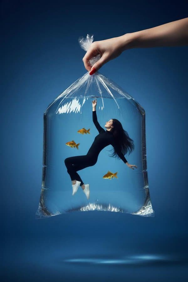 A woman floats inside a giant transparent plastic water bag.