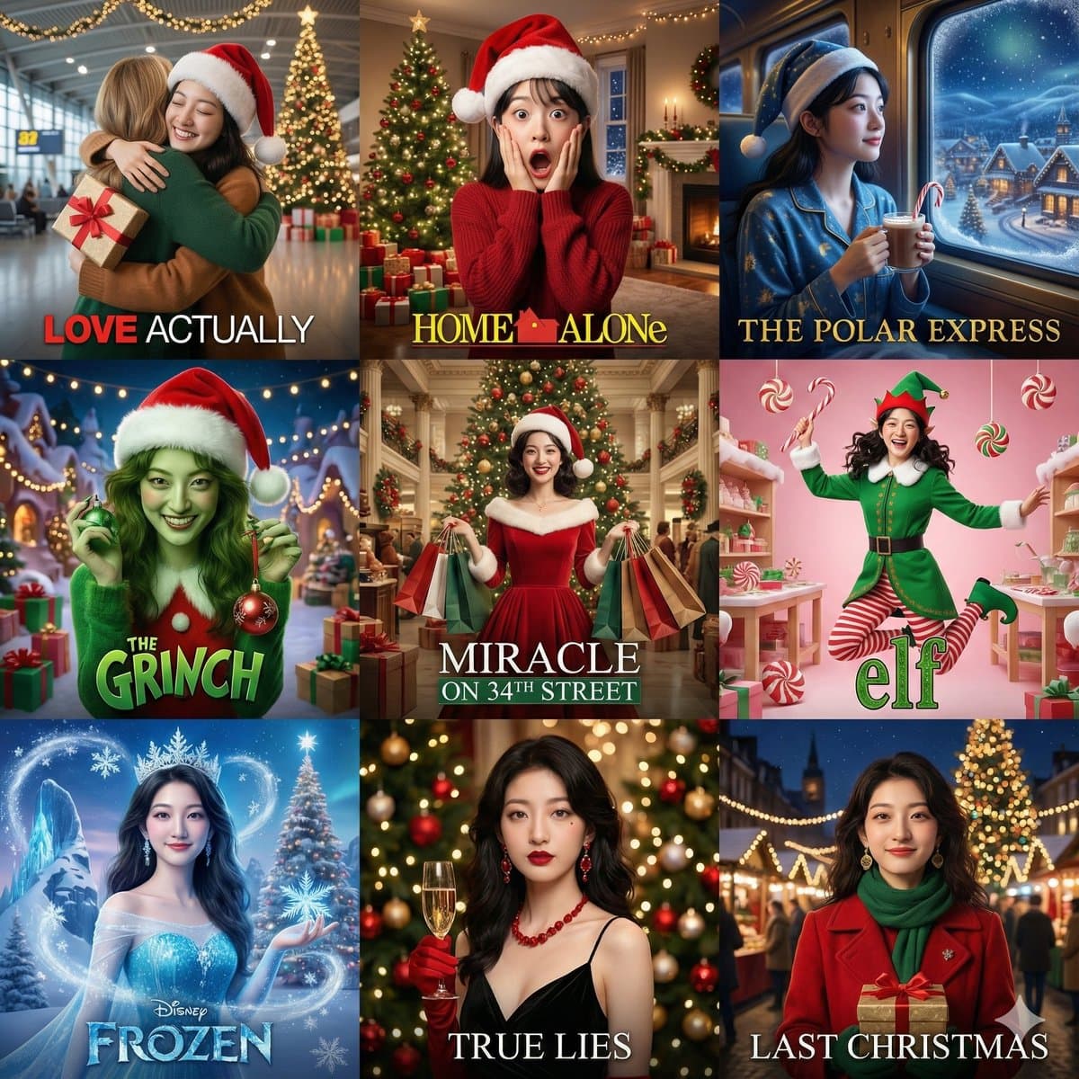 Place the character in Christmas scenes from 9 different films.