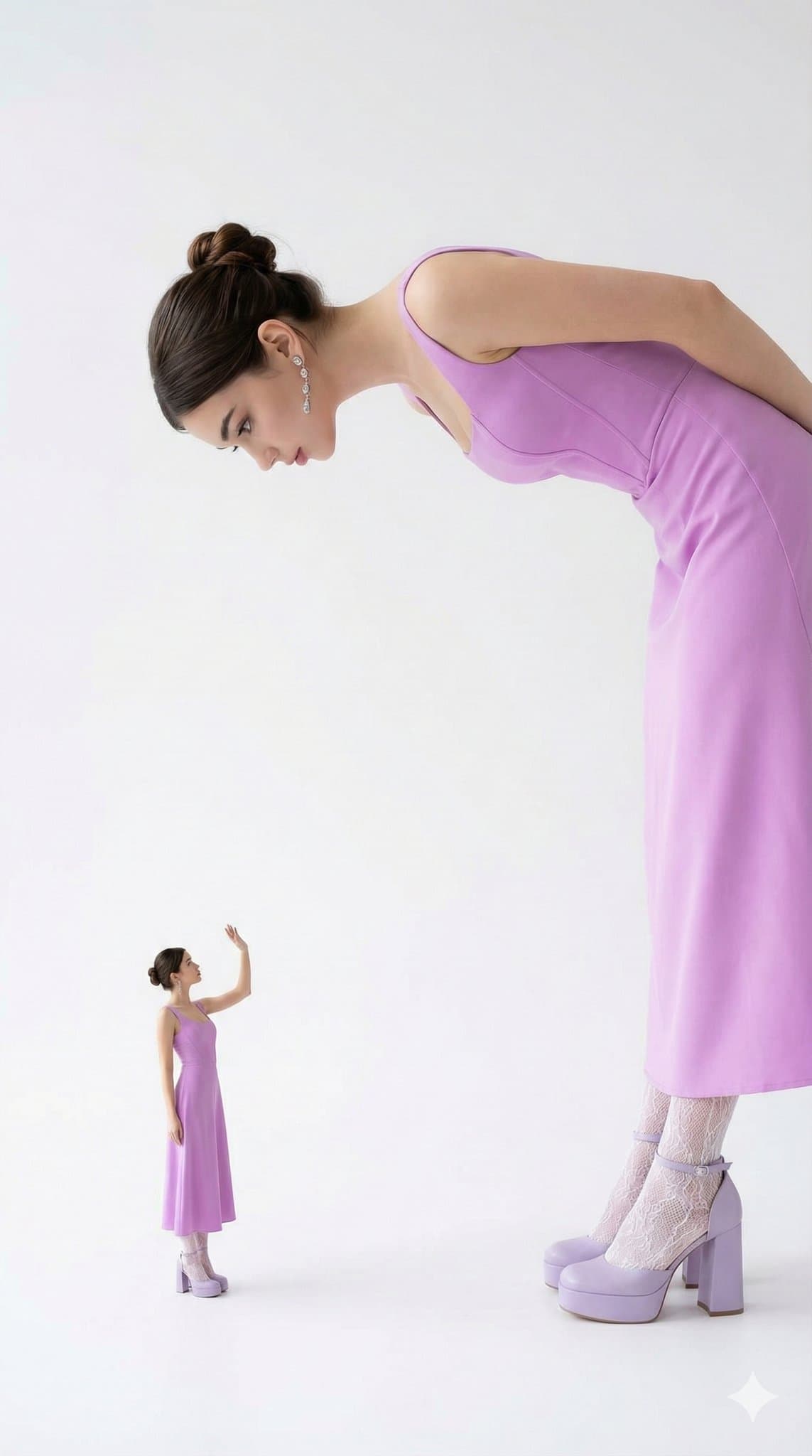 مقارنة نسب النسختين للأنثى في فستان طويل بلون الأرجواني الفاتح