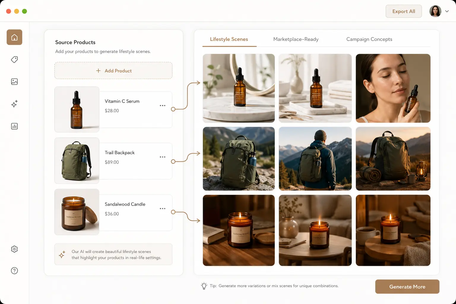 E-commerce lifestyle scene drafts example created with Nano Banana 2 Lite API