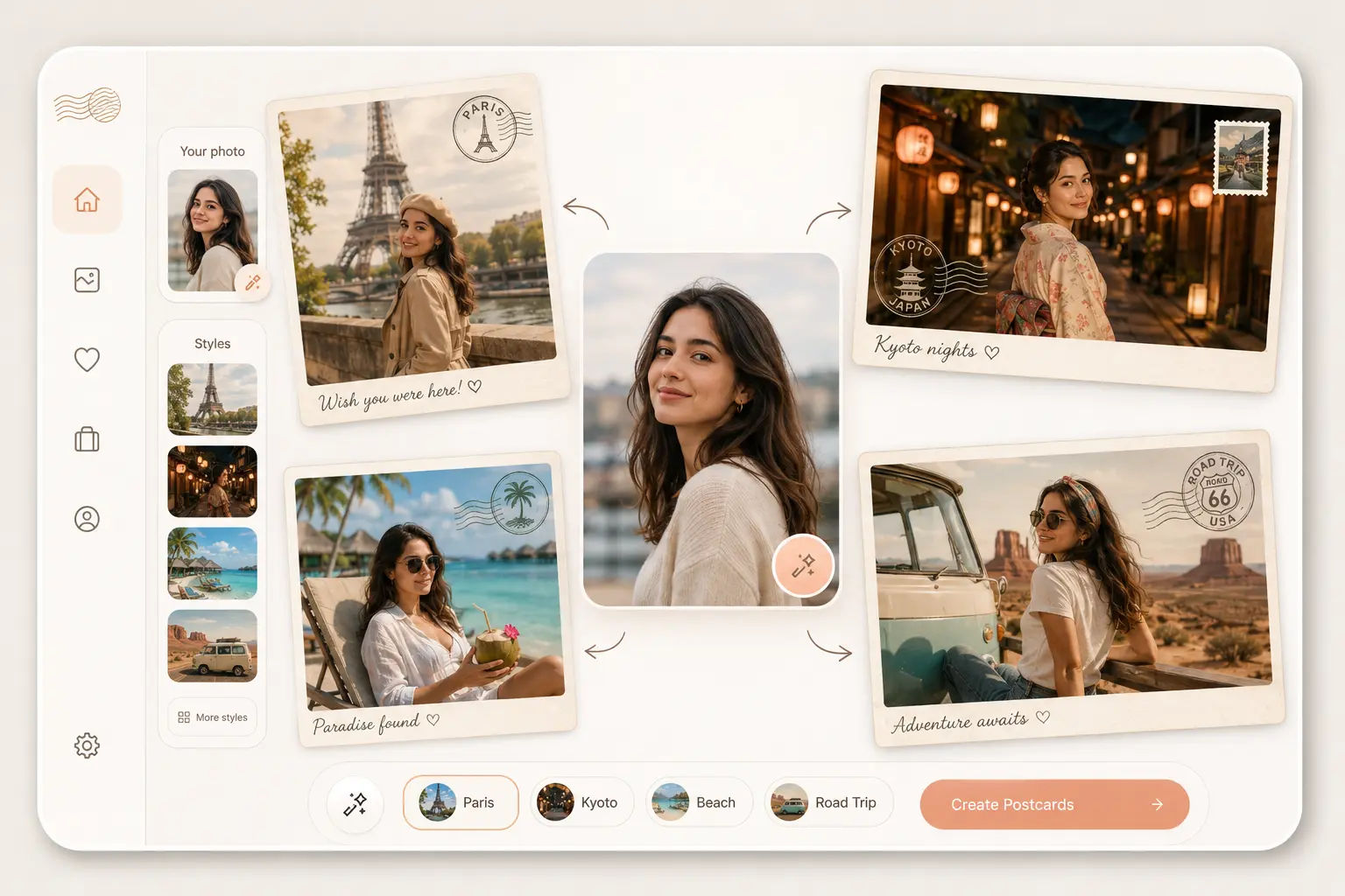 Personalized travel postcards example created with Nano Banana 2 Lite API