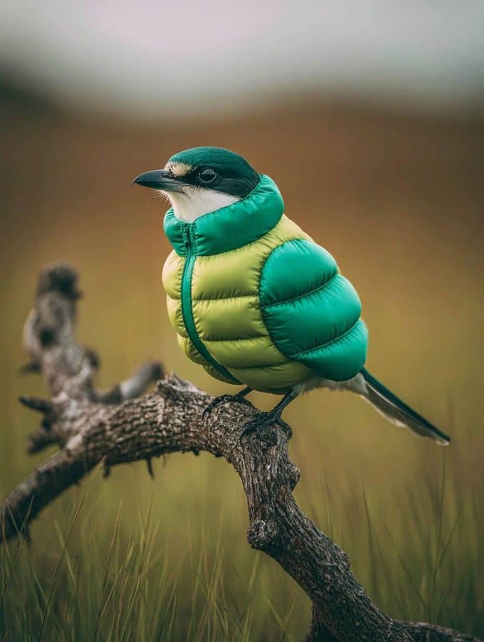 Birds wearing puffer down jackets