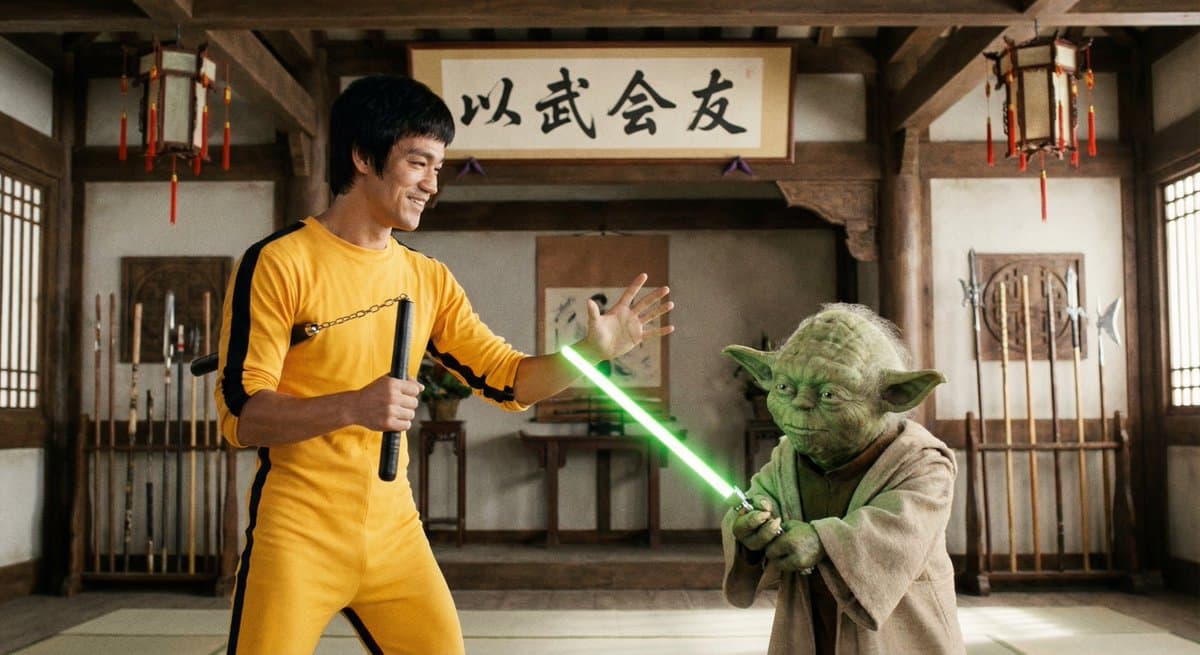 Bruce Lee and Master Yoda engage in martial arts to forge friendship.