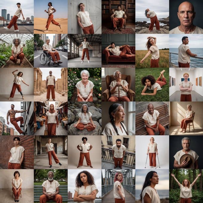 36 different portraits of individuals wearing identical outfits